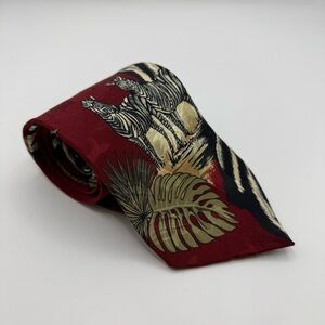 Vintage Endangered Species Zebra Antelope Red Safari Silk Neck Tie 4” Wide